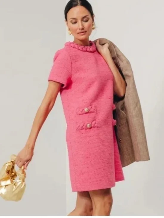 🎀 Tuckernuck Jackie Pink Tweed 60s Mini Shift Dress Large - Picture 2 of 8